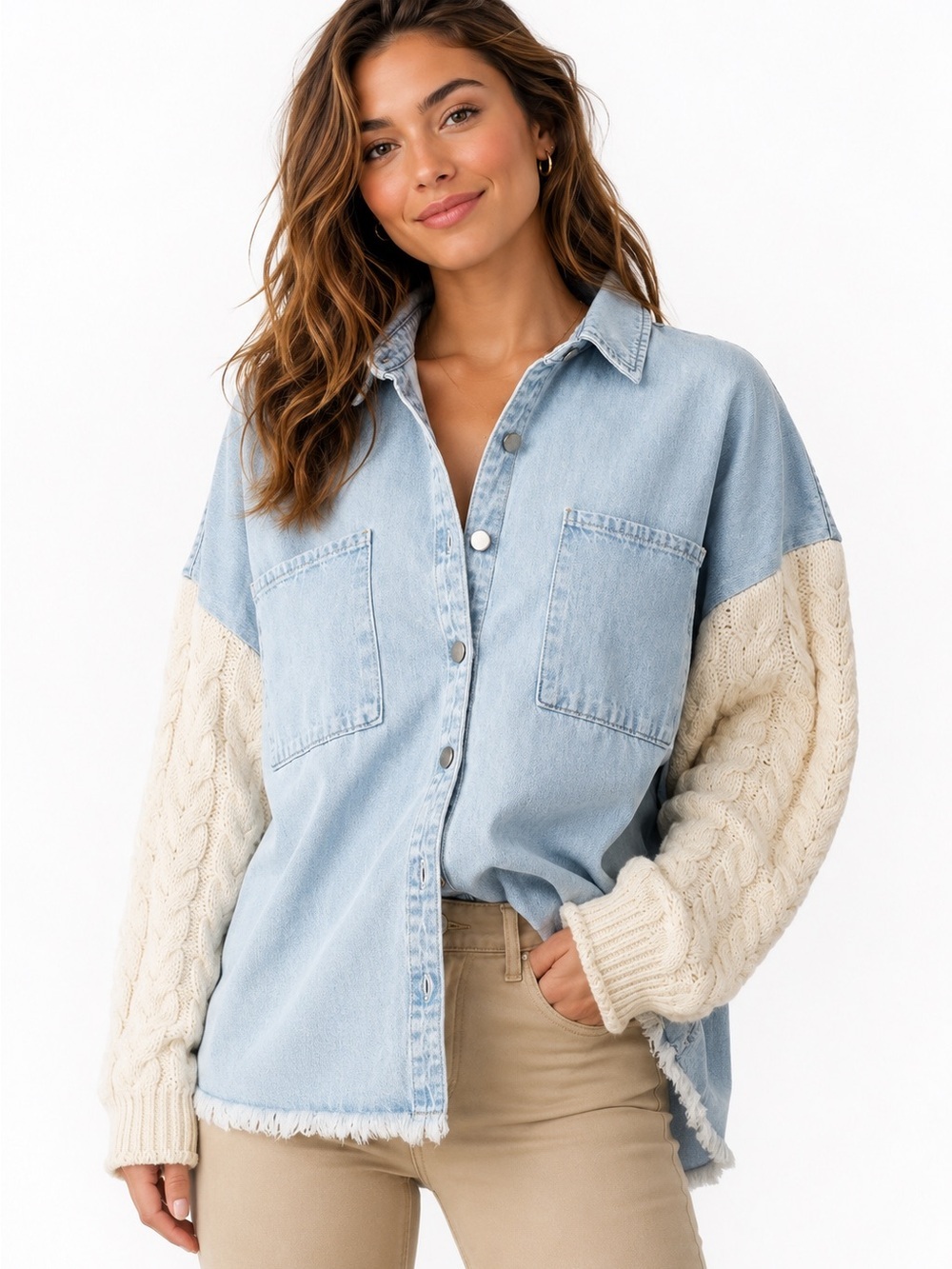 Blu Pepper Denim & Cable Knit Sleeve Button Front Shacket Oversized, Size L